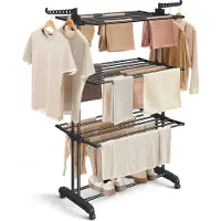 Songmics Wäscheständer, Standtrockner 4 Ebenen, mit Rollen, 63,5 x 128 x 173 cm, Tintenschwarz