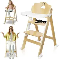Lionelo Floris Hochstuhl Baby ab 6 Monate bis zu 40 kg, Fußstütze verstellbares, Tablett, Sicherheitsgurte, Konstruktion aus Birkenholz - Neu Natural