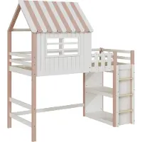STILVORA Kinderbett 90x200 Hochbett mit Sicherheitsleiter mit Ablagefach,Massivholzbett mit Lattenrost und Rausfallschutz,mit Dachform und Fenster, Rosa(ohne Matratze)
