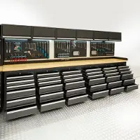 Datona PRO Werkbank – Bambus-Arbeitsplatte – 36 Schubladen – Lochwände – Hängeschränke – 400 cm – Schwarz