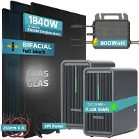 SUNNIVA 1840W Balkonkraftwerk mit 4.48 kWh Speicher Marstek 2x B2500-D, 4x 460W BIFAZIAL FULLBLACK komplett Steckdose, PV Solaranlage + Solarspeicher