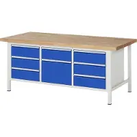 RAU Werkbank mit 8 Schubladen - Teilauszug - 180:7 / 360:1 - höhenverstellbar 840-1.040 mm - 2.000 x 900 mm (BxT) - Traglast 1.250 kg - Buche