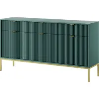 Bettso Groß Geriffelt Kommode 3 Türen und 3 Schubladen Highboard Goldgriffe Glamour NOVA 154 cm Grün auf Goldbeinen