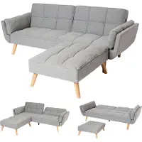 Mendler Schlafsofa HWC-K18 mit Ottomane, Couch Sofa Gästebett, Schlaffunktion 218x175cm Stoff/Textil hellgrau