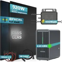 SUNNIVA 920W Balkonkraftwerk mit 2,24 kWh Speicher Marstek B2500-D, 2x 460W BIFAZIAL FULLBLACK komplett Steckdose, PV Solaranlage + Solarspeicher