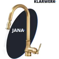 KLARWERK JANA | Vintage Edelstahl ausziehbare Küchenarmatur Messing antik | Mischbatterie hoher Bogen | Wasserhahn Gastro Hochdruck 360° drehbar 2 Anschlüsse