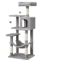 Acaza Großer Kratzbaum für mehrere Katzen, Cat Condo mit Hängematte, Kratzbaum, 143 cm, hellgrau