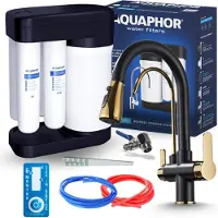 ARI 3-Wege Küchenarmatur Nordic mit Umkehrosmose Morion 102S RO, separater Auslauf für gefiltertes Wasser, herausziehbare Brause, Schwarz Gold