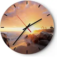 ARTTOR Wanduhr - Rund - Glasuhr - Meer Strand Felsen - 40x40cm - Schleichendes Uhrwerk - Lautlos - zum Aufhängen bereit - Dekoration Modern - Wanddekoration aus Glas - C3AR40x40-3649