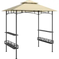Fortuna Lai Grillpavillon 240 x 150 x 257 cm wasserdicht flammhemmend Gartenpavillon mit Doppeldach, Seitenregalen, Gartenlauben mit UV-Schutz, BBQ Pavillon aus Stahl, Grillzelt für Party BBQ, Beige