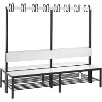 C+P Garderobenbank Basic Plus, 2-seitig, Rückenlehne, mit Schuhrost, Fußgestell schwarzgrau RAL 7021, B 1960 mm, Dekor weiß