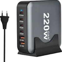 Reagle 220W GaN Ladestation 6 Ports USB C PD 100W USB A QC 3.0 Schnellladegerät für MacBook Pro Laptop Smartphone Tablet PC Netzteil mit Ladestation Schwarz