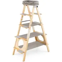 Goplus Kratzbaum Leiter, Katzenbaum Kiefernholz 5-stöckiger mit Sisal-Kratzpfosten & oberem gepolstertem Plattform, 151cm Kletterturm für Katzen