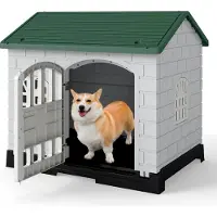 Costway 75x57x68 cm Hundehütte Outdoor, wetterfestes Hundehaus mit Tür, 3 Fenstern, ausnehmbarem Boden&Satteldach, Haustierhaus Hundekäfig Indoor Grün