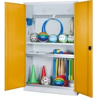 C+P Modul-Sportgeräteschrank "Komplettausstattung" mit Vollblech-Flügeltüren, HxBxT 195x120x50 cm, Ergo-Lock Muldengriff, Goldgelb (RAL 1004), Lichtgrau (RAL 7035), Einzelschließung