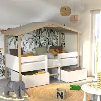 WEBER INDUSTRIES Hausbett PILOTI mit 2 Schubladen/ Kinderbett 90x200 - Weiß und naturfarben