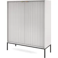 Bettso Hochkommode NOVA – Geriffelte Kommode mit 2 Türen – Goldgriffe – Glamour Grau – Schwarze Metallbeine – 104x125x39 cm