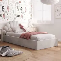 KIDS Collection Kinderbett Polsterbett 90x200 cm Kinder Bett Jugendbett mit Lattenrost und Metallrahmen | Kopfteil in Muschelform | Für Mädchenzimmer & Kinderzimmer | von 4 bis 18 Jahren | Grau samt