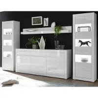 Furn.Design Wohnwand "Nobile" in Hochglanz weiß und Stone Design grau Anbauwand 4-teilig 369 x 198 cm, inklusive Beleuchtung