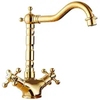 Zelurxx Antike Messingarmatur, Zweigriff-Mischbatterie, Keramikkartusche tropffrei, gebürstetes Retro-Design, langlebiger Messingkörper, Gold Niedrig