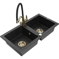 Mexen Mario 2-Becken-Granitspüle mit Mischbatterie Duo, Schwarz/Silbermetallic - 6504-73-671701-57-G