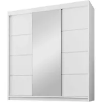 Beautysofa | Schiebetürenschrank MILO 200 cm mit Spiegel – Kleiderschrank Weiß, 3 Schiebetüren, 4 Schubladen, 2 Kleiderstangen