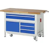 RAU Werkbank Serie 8922, absenkbar, 5 Schubladen, 1 Fachboden mit Tür, B 1500 x T 700 x H 880 mm