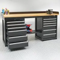Datona Werkbank PRO in Schwarz mit Arbeitsplatte aus Bambus und 12 Schubladen - 200 cm
