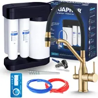 ARI Wasserfilter Set Morion mit 3-Wege Küchenarmatur Magneto, 5-Liter Tank, ausziehbare Brause, 360° schwenkbar, Gold