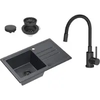 VBChome Spülbecken Granit Schwarz mit Armatur 70 x 44 cm Einzelbecken Einbauspüle Gesprenkelt Reversibel Granitspüle Schwarz Siphon Waschbecken Mattschwarze Armatur mit Flexiblem Auslauf