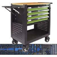TRUTZHOLM Werkstattwagen Profi Compact bestückt 85 x 68 x 46 cm Holzplatte 4 Schubladen Lochwand Ablage grün