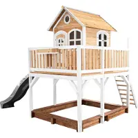 Axi Spielhaus Liam mit Sandkasten & grauer Rutsche | Stelzenhaus XXL in Braun & Weiß aus Holz für Kinder | Spielturm mit Wellenrutsche für den Garten