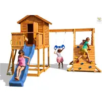 Fungoo , Spielturm "My House Spider+", teak, mit Rutsche, Haus mit Holzdach, Griffe, Leiter, Kletterturm und Schaukel