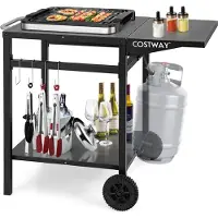 Costway Grilltisch mit klappbarer Tischplatte, Beweglicher Campingtisch mit 2 Ablagen & 4 Haken, Metall Grillwagen für Außenbereich, Rollwagen zum Grillen & Outdoorküche, Zubereitungswagen Schwarz