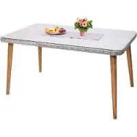 Mendler Poly-Rattan Esstisch MCW-H65, Garten-/Lounge-Tisch, Stahl + Akazie halbrundes Poly-Rattan MVG 150x90cm grau
