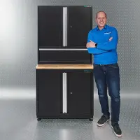 Datona PREMIUM Werkbank aus Eiche 92 cm, höhenverstellbar, stoß- und kratzfest, mit Lochwänden und herausnehmbarem Regal