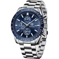 Benyar Leder Strap Chronograph Quarz Uhr Männer Datum Kalender Wasserdicht Armbanduhr Herren Sport mit Blau/Schwarz Zifferblatt Elegantes Geschenk