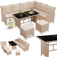 Juskys Polyrattan Lounge Manacor - Sofa, Tisch, Hocker & Kissen - Creme / Sand