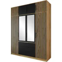 Mirjan 24 Kleiderschrank Tytus Lux D4 mit Schrankaufsatz, Garderobe mit 8 Drehtüren und 3 Schubladen, Aluminumgriffe, Kleiderstange, Frontspiegel (Farbe: Eiche Wotan / Schwarz + Eiche Wotan)