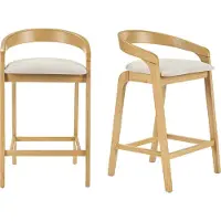 Miliboo - Barhocker aus Stoff in Beige-Samt-Optik und hellem Holz H68 cm (2er-Set) PULSO