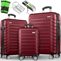 Tillvex Reisekoffer Set 3-TLG. + Gepäckwaage, 6X Koffergurte & 3X Kofferanhänger | Kofferset 4 Rollen | Trolley Gepäck Koffer TSA Schloss | Rollkoffer Hartschalenkofferset S-M-L-XL (Rot)