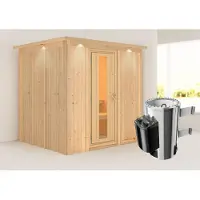 Karibu Sauna Innensauna Daria Fronteinstieg Ofen 3,6 kW intgr. Strg 210x184x202 cm mit Dachkranz mit Energiespartür