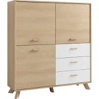 ByLiving Highboard BASTIAN / Eiche bianco, weiß / Griffe und Füße Massivholz Eiche / 3 Türen, 3 Schubladen / viel Stauraum / Kommode / Schrank / Maße: B 120, H 131, T 36,5 cm