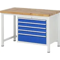 RAU Werkbank mit 5 XL Schubladen - Teilauszug - 90:4 / 180:1 - höhenverstellbar 840-1.040 mm - 1.250 x 700 mm (BxT) - Traglast 1.250 kg - Buche