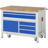 RAU Werkbank Serie 8922, absenkbar, 5 Schubladen, 1 Fachboden mit Tür, B 1250 x T 700 x H 880 mm
