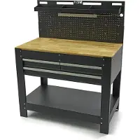 HBM Werkbank 115 cm mit 3 Schubladen, Arbeitsplatte und Rückwand aus Holz, schwarz