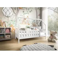 MTJ MTJMöbel Kinderbett LUNA 190x80cm mit Matratze, Hausbett mit Sicherheitsgeländer, Weiß Holz