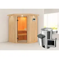 Karibu Sauna Innensauna Nanja Eckeinstieg Ofen 3,6 kW externe Strg.easy 165x165x202 cm mit Dachkranz mit Bronzierter Tür