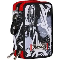 Seven Federmäppchen, Mäppchen, Mehrfarbig, Federtasche für Schrein, Etui komplett mit Bleistiften, Filzstiften, Schulmaterial, mit 3 Fächern, Mädchen, Schule - Grundschule, XXL schwarz rot