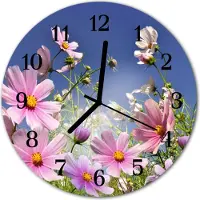Tulup Glasuhr Wanduhr Küchenuhr Echt-Glas 30fi cm Kosmos-Blumen rosa blau